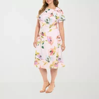 London Times Womens Short Sleeve Floral Fit + Flare Dress Plus