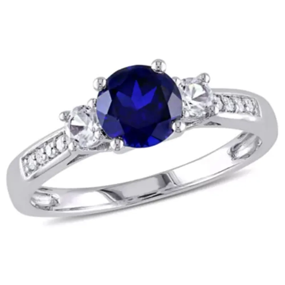 Womens Diamond Accent Lab Created Blue Sapphire 10K White Gold 3-Stone Side Stone Cocktail Ring