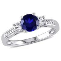 Womens Diamond Accent Lab Created Blue Sapphire 10K White Gold 3-Stone Side Stone Cocktail Ring