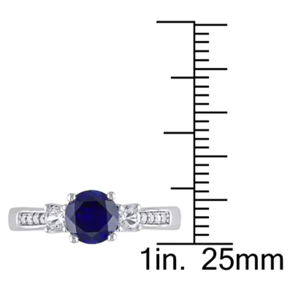 Womens Diamond Accent Lab Created Blue Sapphire 10K White Gold 3-Stone Side Stone Cocktail Ring