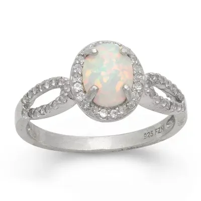 Womens Lab Created White Opal Sterling Silver Halo Cocktail Ring