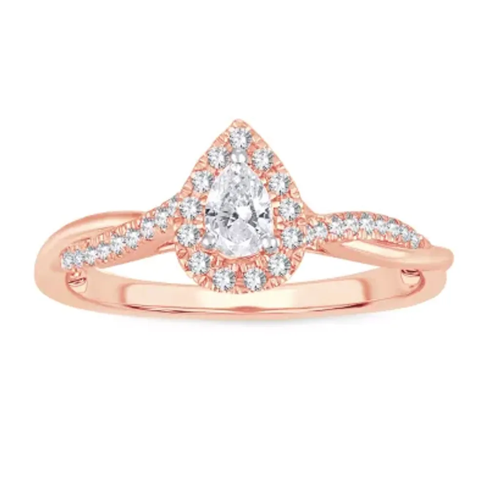 Womens 1/3 CT. T.W. Natural White Diamond 10K Rose Gold Pear Side Stone Halo Engagement Ring