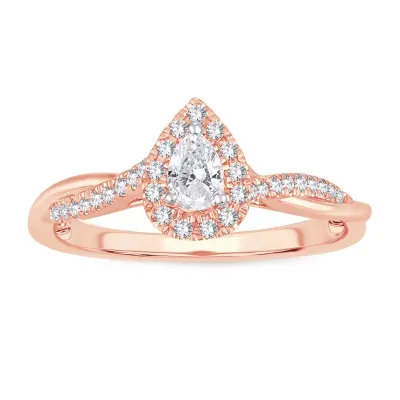 Womens 1/3 CT. T.W. Natural White Diamond 10K Rose Gold Pear Side Stone Halo Engagement Ring