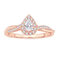 Womens 1/3 CT. T.W. Natural White Diamond 10K Rose Gold Pear Side Stone Halo Engagement Ring