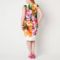 Maya Brooke Womens Sleeveless Floral Midi Sheath Dress Plus