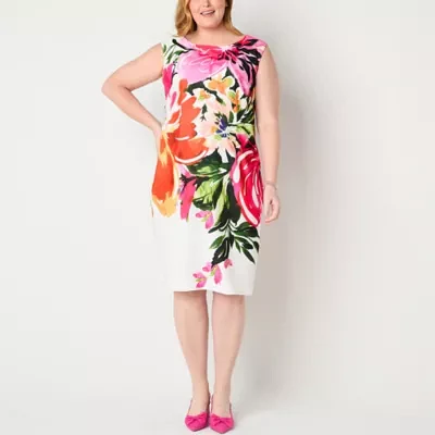 Maya Brooke Womens Sleeveless Floral Midi Sheath Dress Plus