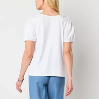 St. John's Bay Womens Square Neck Short Sleeve Embroidered Blouse