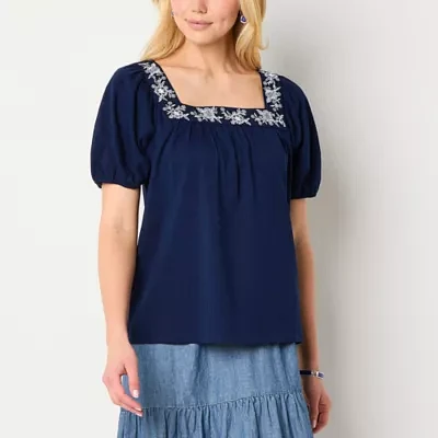 St. John's Bay Womens Square Neck Short Sleeve Embroidered Blouse