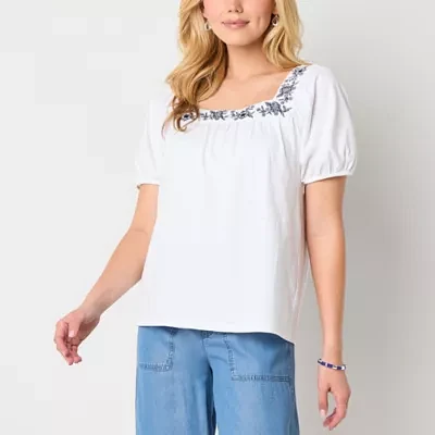 St. John's Bay Womens Square Neck Short Sleeve Embroidered Blouse