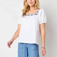 St. John's Bay Womens Square Neck Short Sleeve Embroidered Blouse