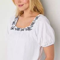 St. John's Bay Womens Square Neck Short Sleeve Embroidered Blouse