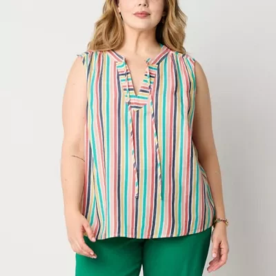 St. John's Bay Plus Womens Split Tie Neck Sleeveless Blouse