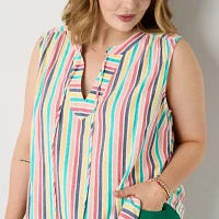 St. John's Bay Plus Womens Split Tie Neck Sleeveless Blouse