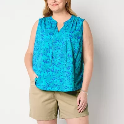 St. John's Bay Plus Womens Split Tie Neck Sleeveless Blouse