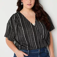a.n.a Womens V Neck Short Sleeve Wrap Shirt Plus