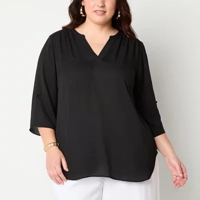 Worthington Plus Womens V Neck 3/4 Sleeve Blouse