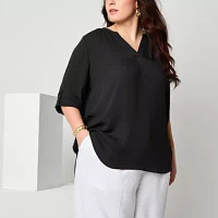 Worthington Plus Womens V Neck 3/4 Sleeve Blouse