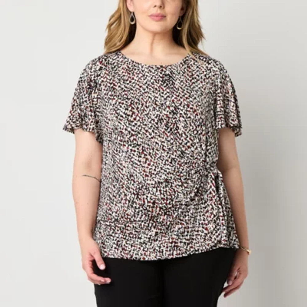 Liz Claiborne Plus Womens Round Neck Short Sleeve Blouse