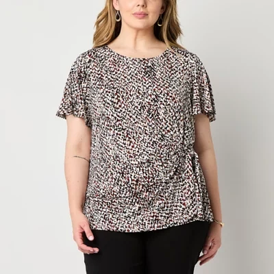 Liz Claiborne Plus Womens Round Neck Short Sleeve Blouse