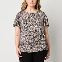 Liz Claiborne Plus Womens Round Neck Short Sleeve Blouse