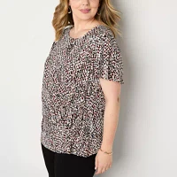 Liz Claiborne Plus Womens Round Neck Short Sleeve Blouse