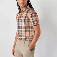 mutual weave Mens Regular Fit Short Sleeve Plaid Button-Down Shirt