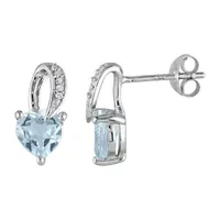 Diamond Accent Genuine Blue Aquamarine Sterling Silver 13mm Heart Stud Earrings