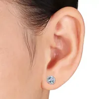 Diamond Accent Genuine Blue Aquamarine Sterling Silver 7.3mm Round Stud Earrings