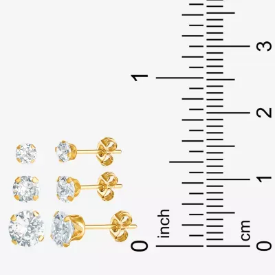 Lab Created White Cubic Zirconia 14K Gold 3 Pair Earring Set