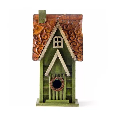 Glitzhome 11.93"H Tall Green Hand Painted Wood Birdhouse