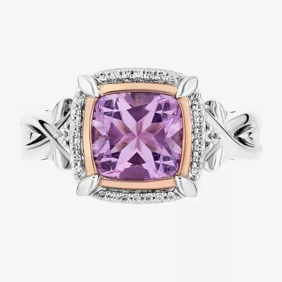 Enchanted Disney Fine Jewelry Womens 1/10 CT. T.W. Genuine Purple Amethyst 14K Rose Gold Over Silver Cushion Rapunzel Halo Cocktail Ring