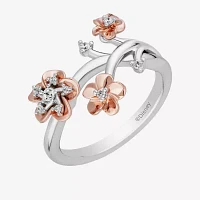 Enchanted Disney Fine Jewelry Womens 1/10 CT. T.W. Natural White Diamond 14K Rose Gold Over Silver Flower Mulan Cocktail Ring