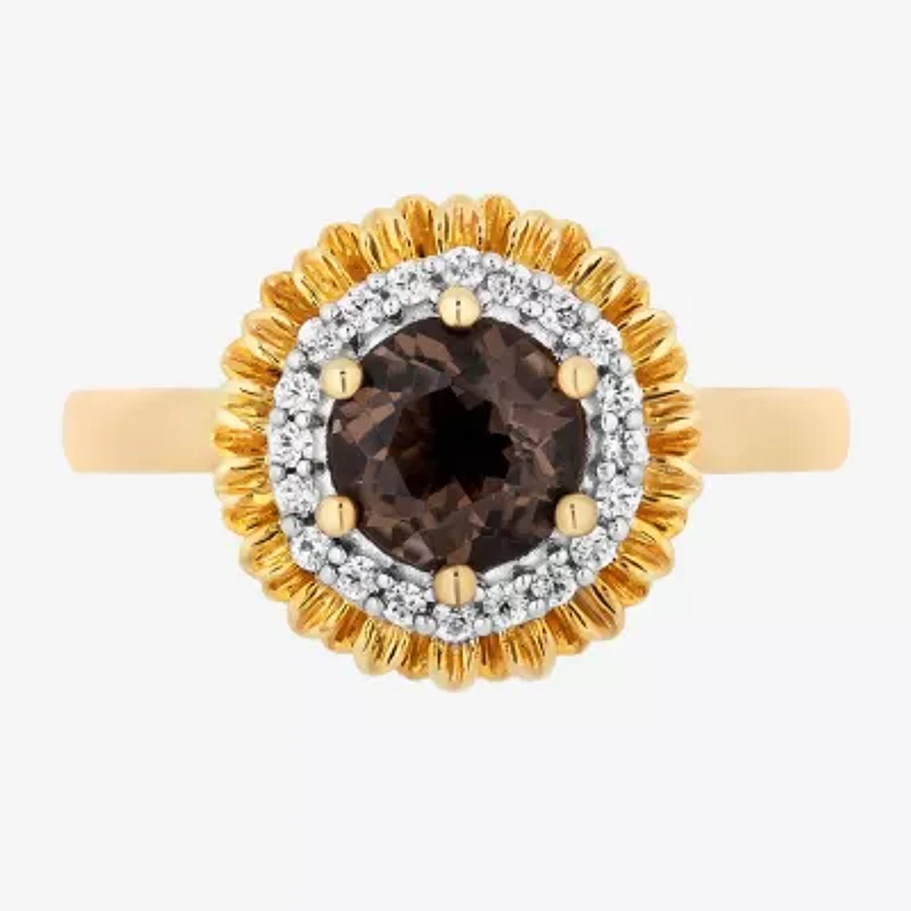 Enchanted Disney Fine Jewelry Womens 1/10 CT. T.W. Genuine Brown Quartz 14K Gold Over Silver Flower Pocahontas Cocktail Ring