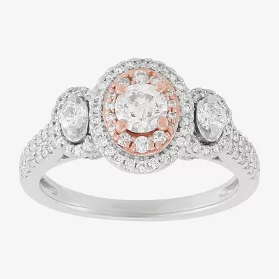 Womens 1 CT. T.W. Natural White Diamond 14K Two Tone Gold Round Side Stone 3-Stone Engagement Ring