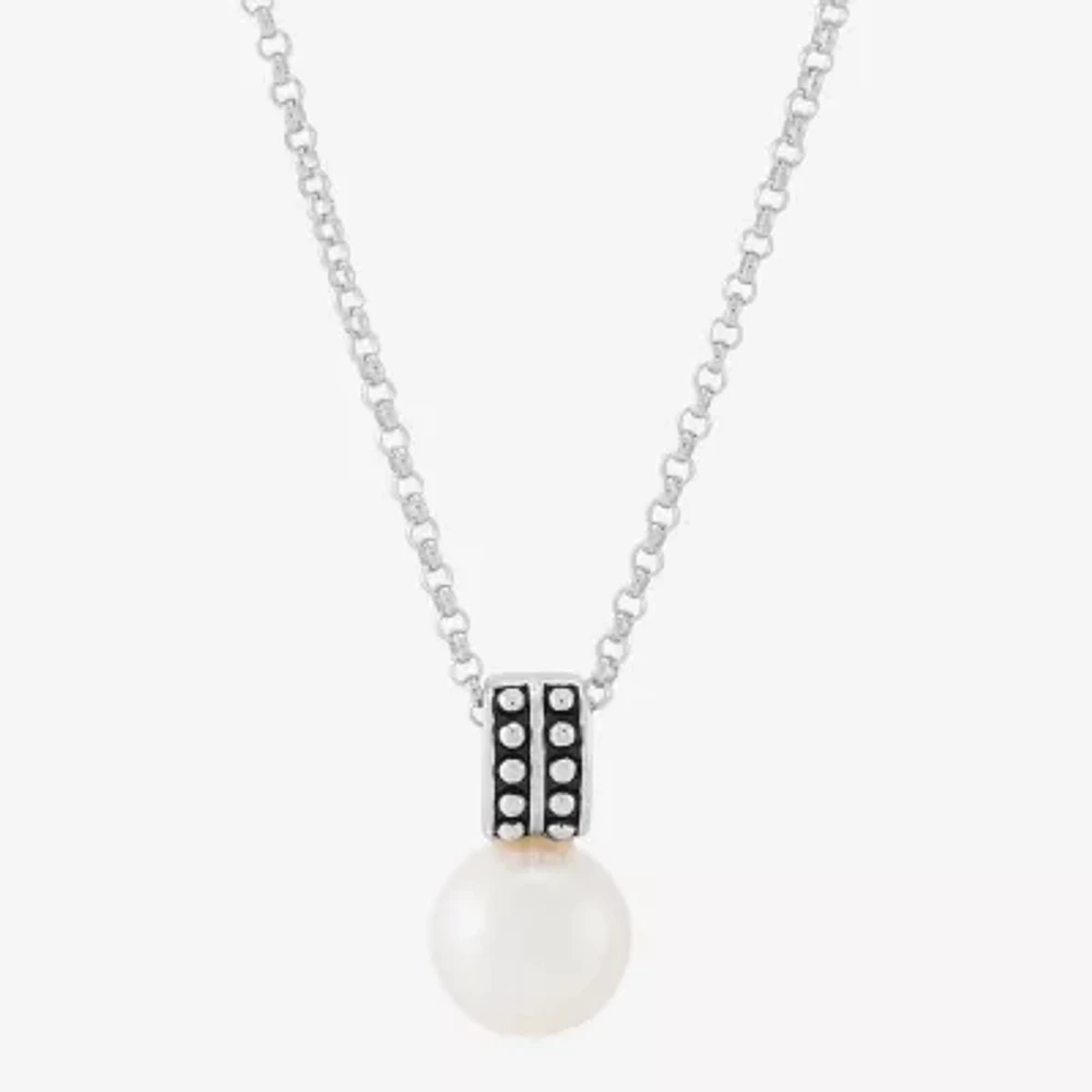 Womens White Cultured Freshwater Pearl Sterling Silver Circle Pendant Necklace
