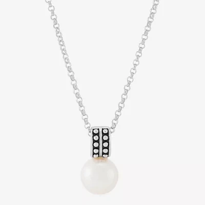 Womens White Cultured Freshwater Pearl Sterling Silver Circle Pendant Necklace