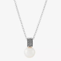 Womens White Cultured Freshwater Pearl Sterling Silver Circle Pendant Necklace