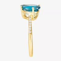 Womens Diamond Accent Genuine Blue Topaz 14K Gold Oval Pear Cocktail Ring