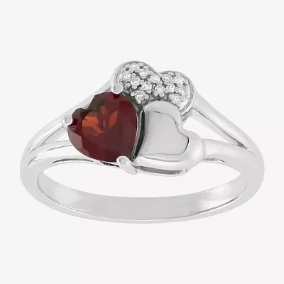 Womens Diamond Accent Genuine Red Garnet Sterling Silver Heart 3-Stone Cocktail Ring