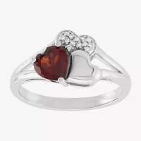 Womens Diamond Accent Genuine Red Garnet Sterling Silver Heart 3-Stone Cocktail Ring