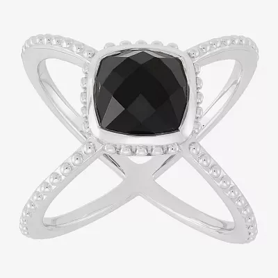 Womens Genuine Black Onyx Sterling Silver Cushion Crossover Cocktail Ring