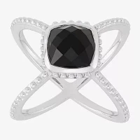 Womens Genuine Black Onyx Sterling Silver Cushion Crossover Cocktail Ring