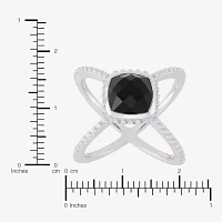 Womens Genuine Black Onyx Sterling Silver Cushion Crossover Cocktail Ring