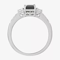Womens Genuine Black Sapphire Sterling Silver Side Stone Cocktail Ring