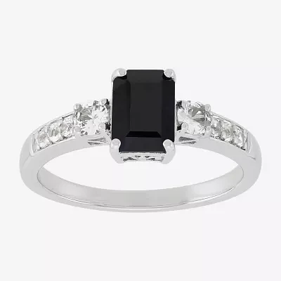 Womens Genuine Black Sapphire Sterling Silver Side Stone Cocktail Ring