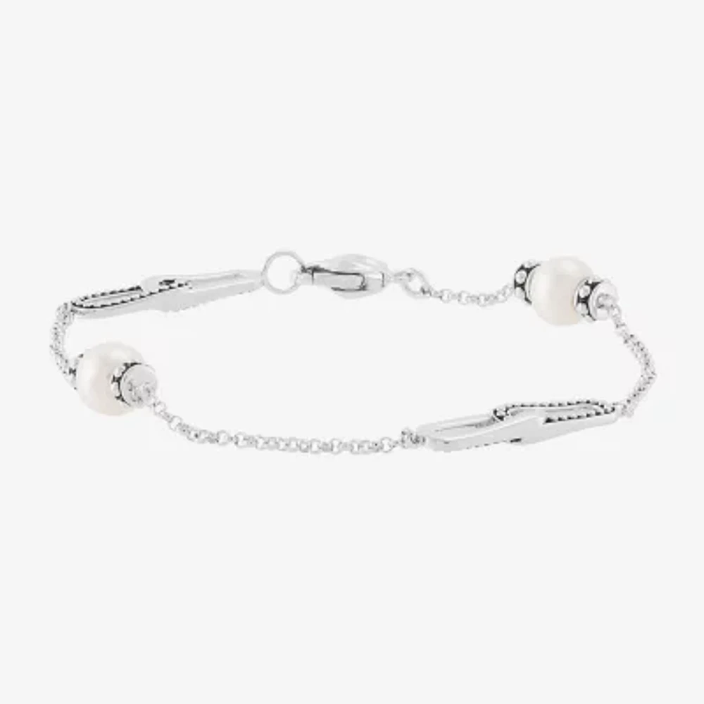 White Cultured Freshwater Pearl Sterling Silver Charm Bracelet