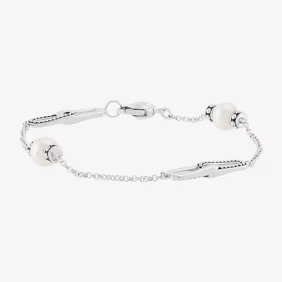 White Cultured Freshwater Pearl Sterling Silver Charm Bracelet