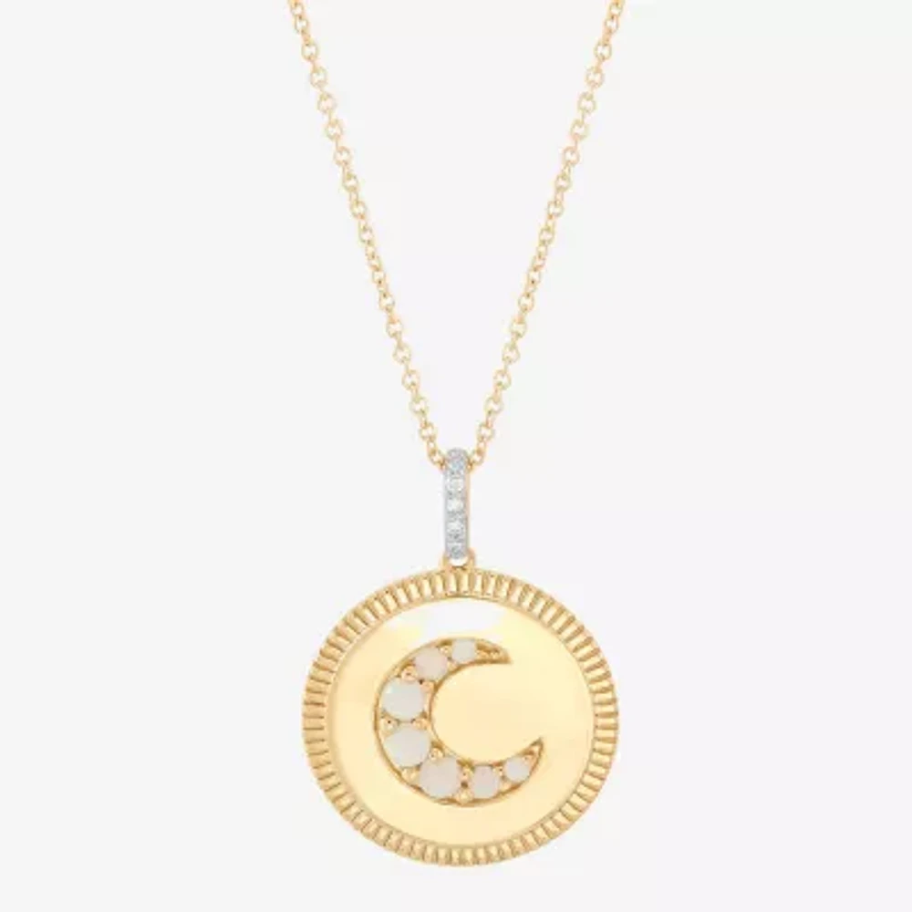 Womens Diamond Accent Lab Created White Opal 10K Gold Moon Pendant Necklace