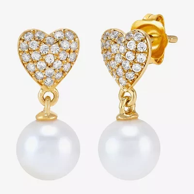 Dyed White Cultured Freshwater Pearl 14K Gold Over Silver Heart Drop Earrings