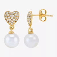 Dyed White Cultured Freshwater Pearl 14K Gold Over Silver Heart Drop Earrings